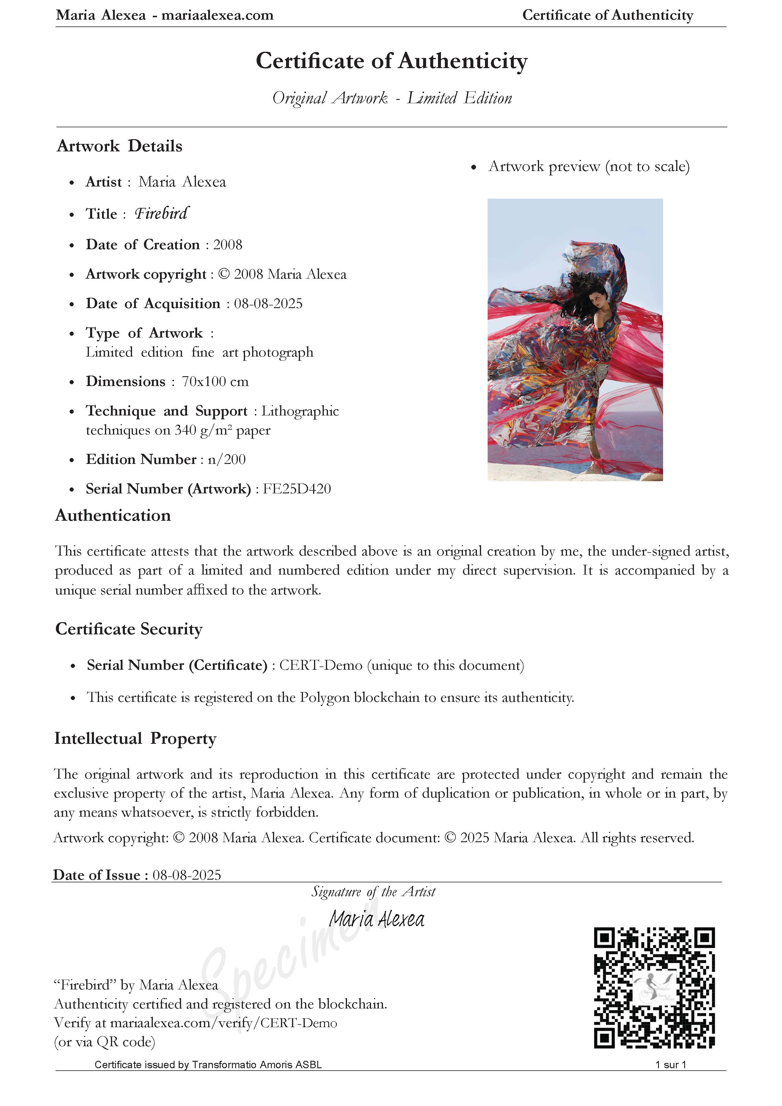 Certificate of Authenticity — SPECIMEN
